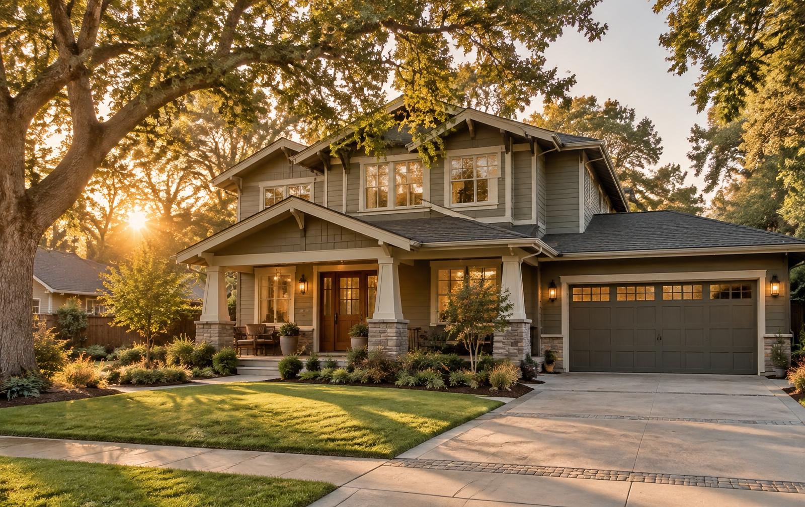 Craftsman home in a tree-lined Sacramento neighborhood at sunset